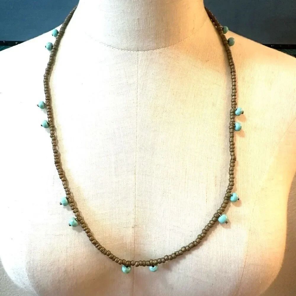 Brown and blue beaded long necklace